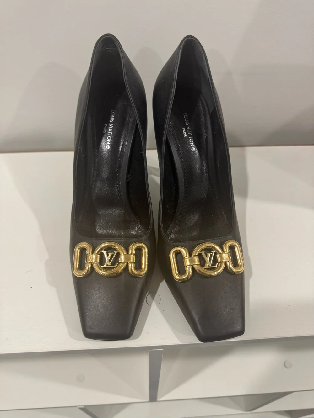 Louis Vuitton Black Leather Pumps with Gold LV Chain Accent
